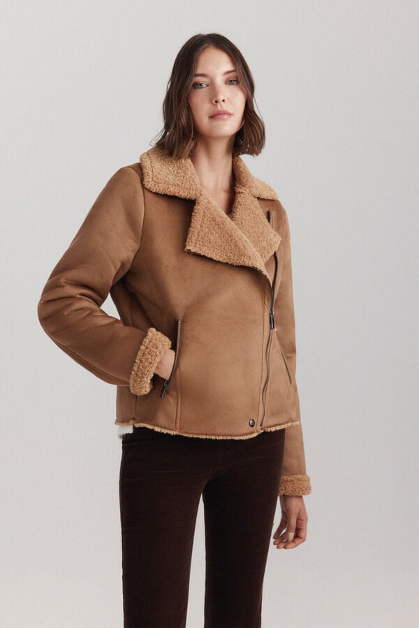 Springfield Short faux suede faux shearling coat nude