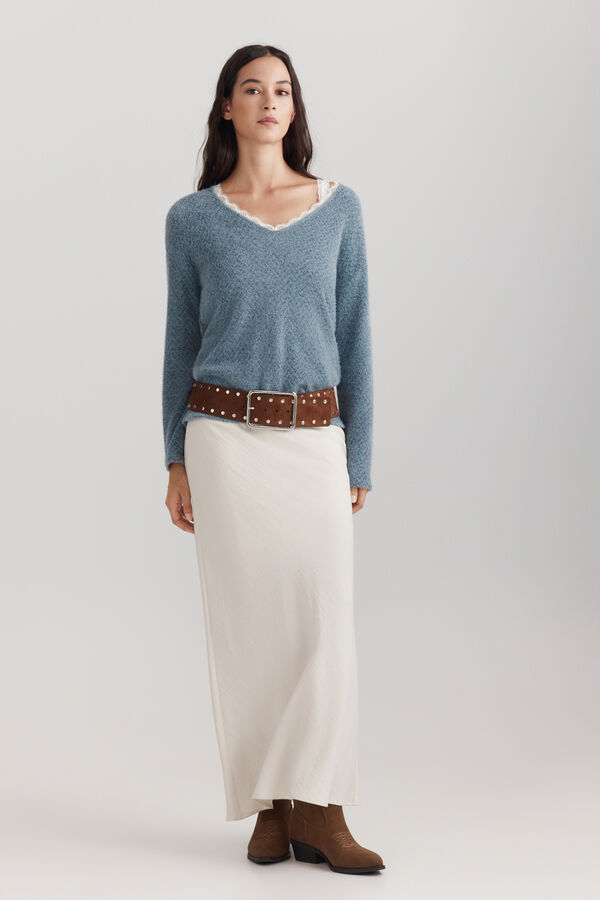 Springfield Lace V-neck fine knit jumper blue