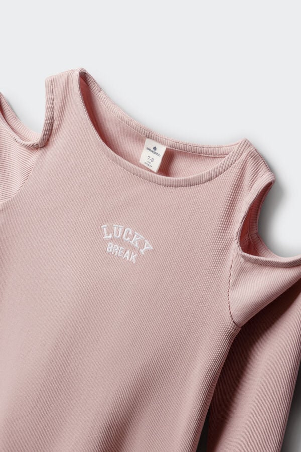 Springfield Kids T-shirt manga comprida ombro descoberto canelada de menina rosa