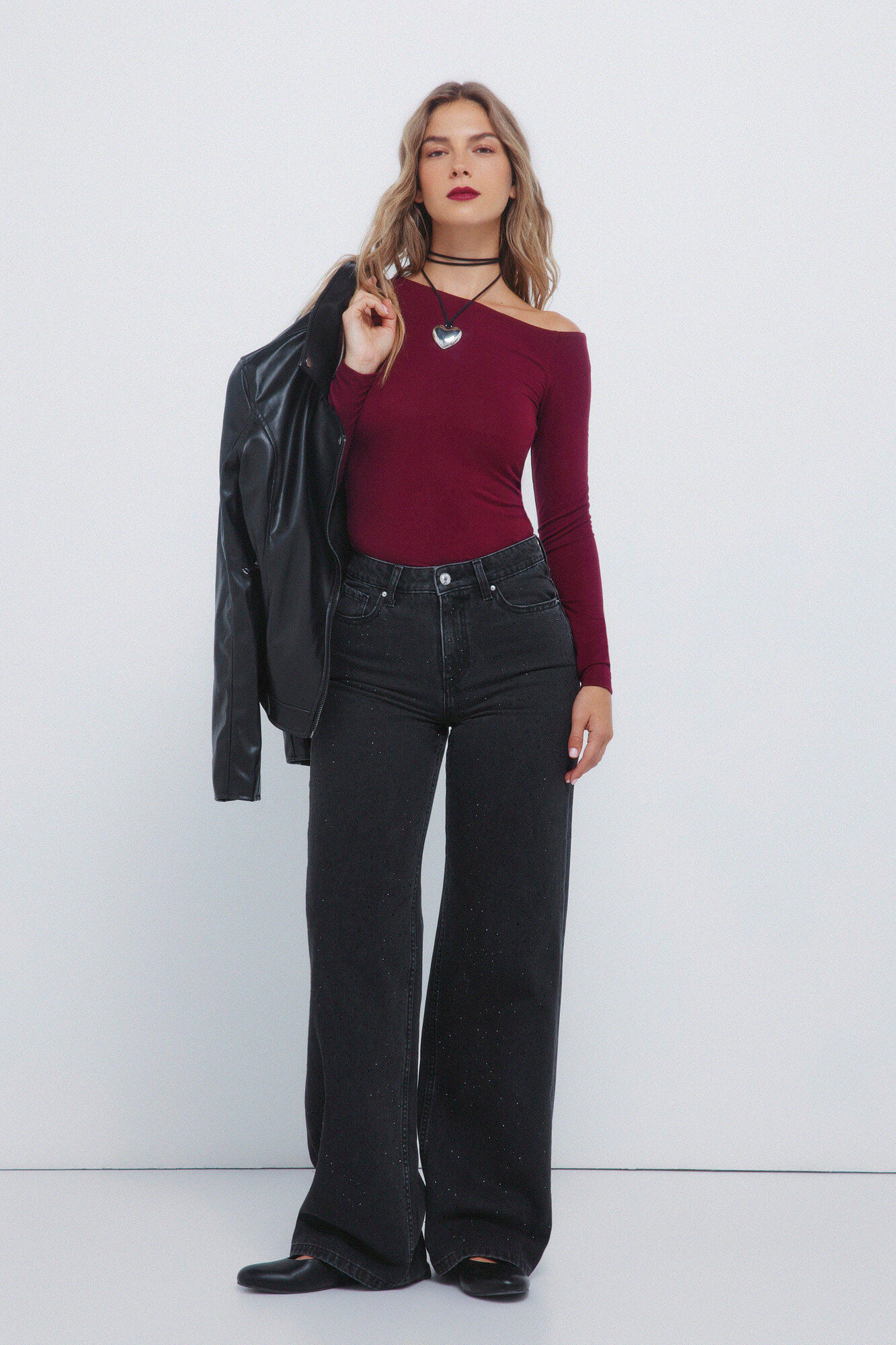 Springfield Wide-leg jeans with shiny crystals