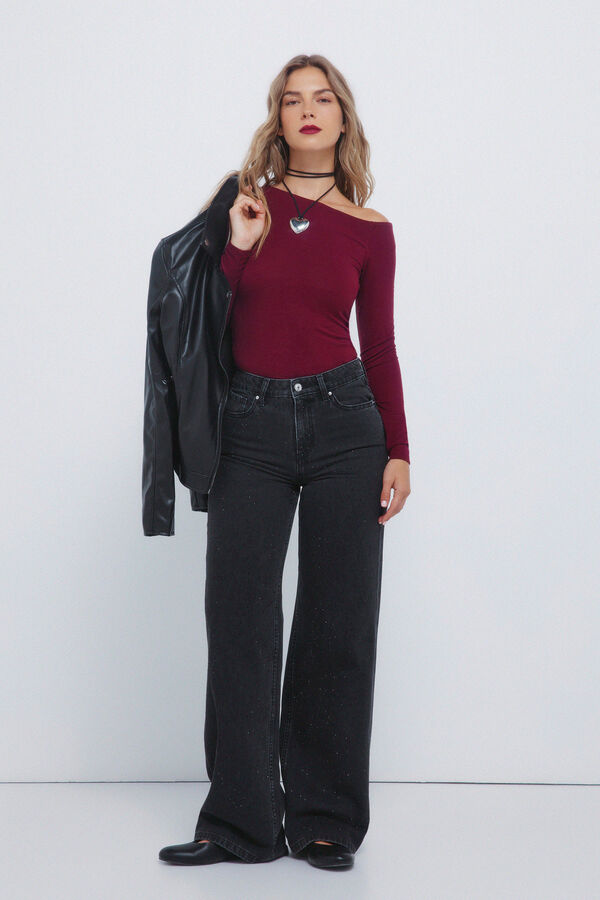 Springfield Calça jeans de perna larga com cristais brilhantes preto