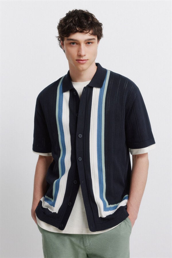 Springfield Vertical striped short sleeve cardigan blue