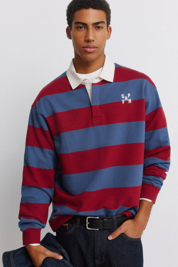 Springfield Striped long sleeve rugby polo shirt blue