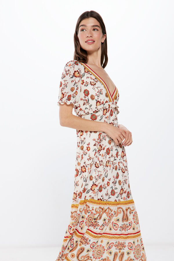 Springfield Midi Floral Print Dress with Border brown