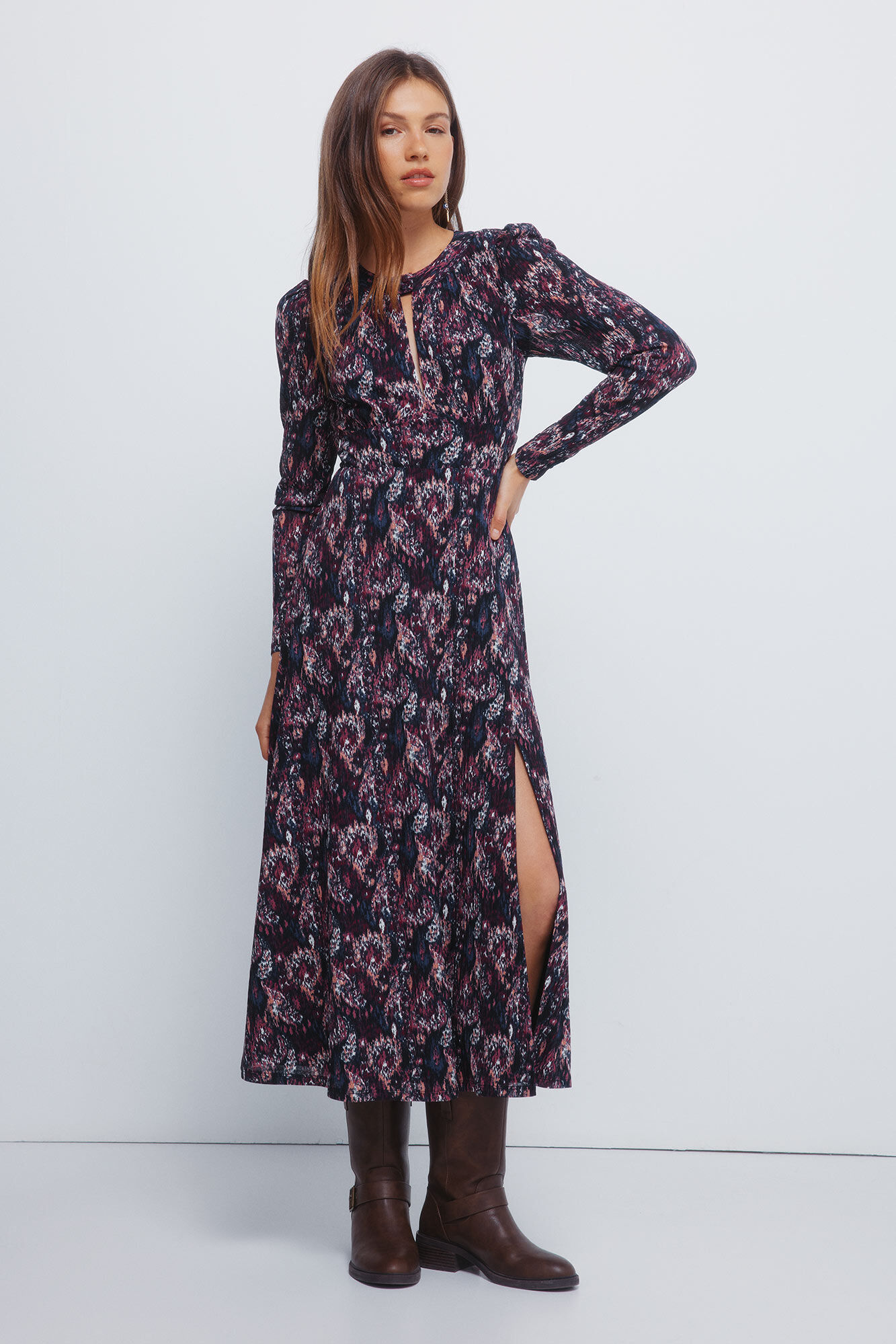 Springfield Print choker neckline midi dress