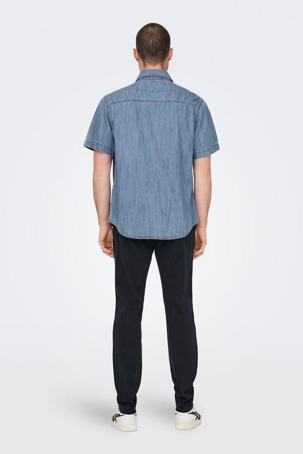 Springfield Camisa de hombre estilo chambray de manga corta azul indigo