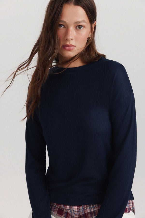 Springfield Long sleeve mixed fabric T-shirt blue