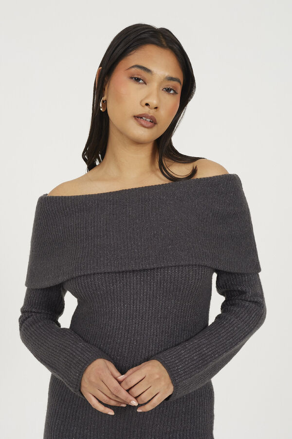 Brave Soul jersey-knit dress with bardot neck grey