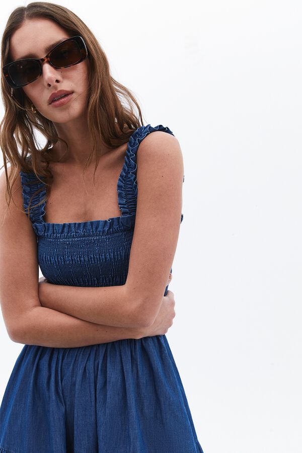 Oxxo Vestido denim con nido de abeja turquesa