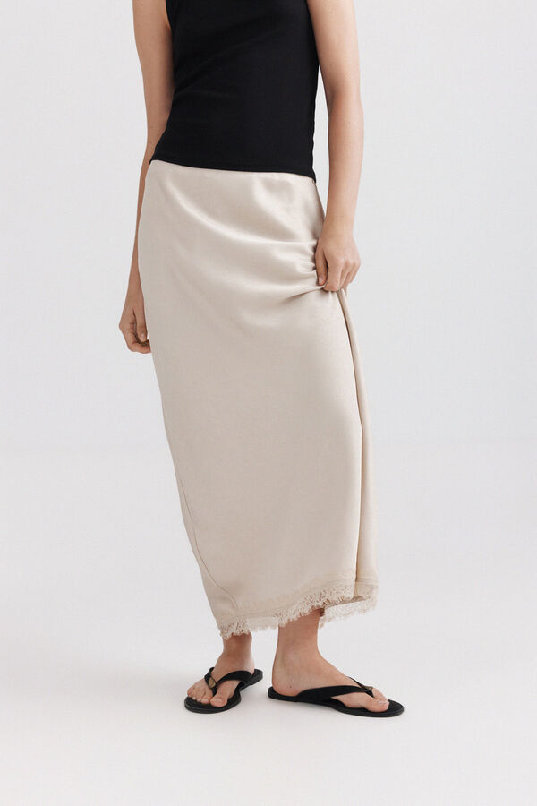 Springfield Satin-finish midi lace skirt beige
