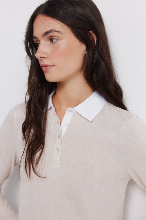 Springfield Long sleeve two-fabric jersey-knit polo shirt brown