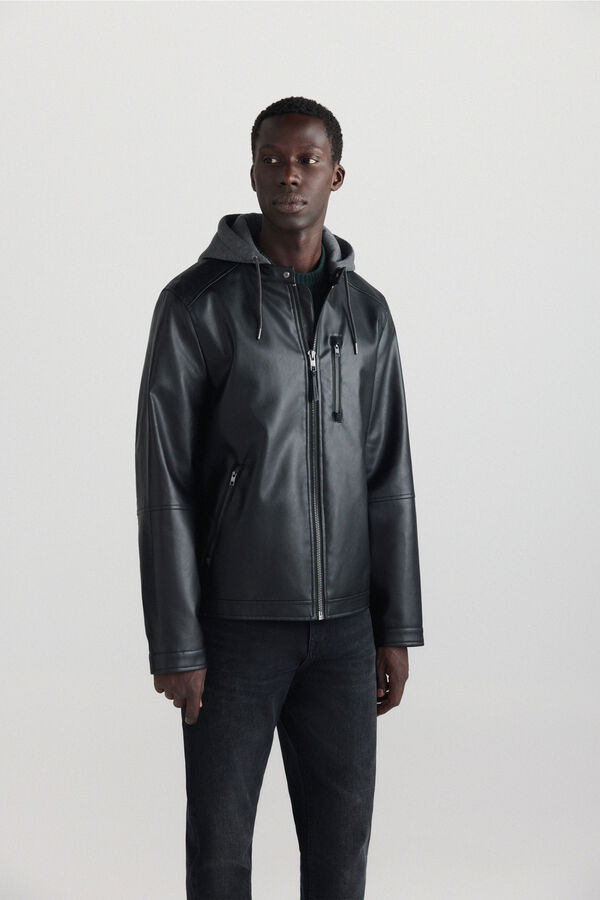 Springfield Faux leather hooded jacket black
