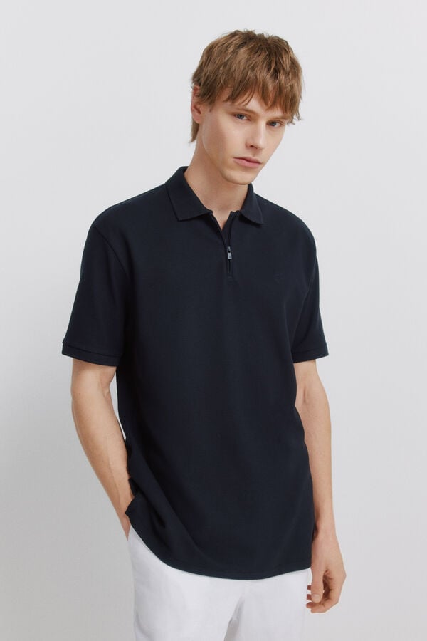 Springfield Piqu&eacute; zip regular fit polo shirt blue