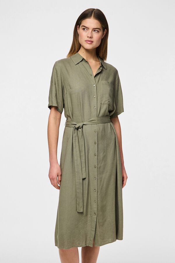 Pieces Linen short sleeve midi shirt dress green