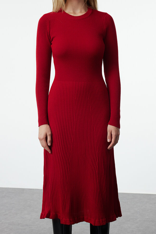 Trendyol Fitted knit long sleeve midi dress burgundy
