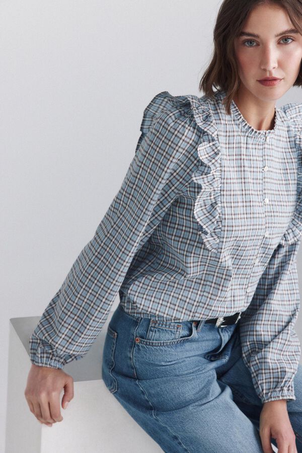 Springfield Checked ruffle blouse blue