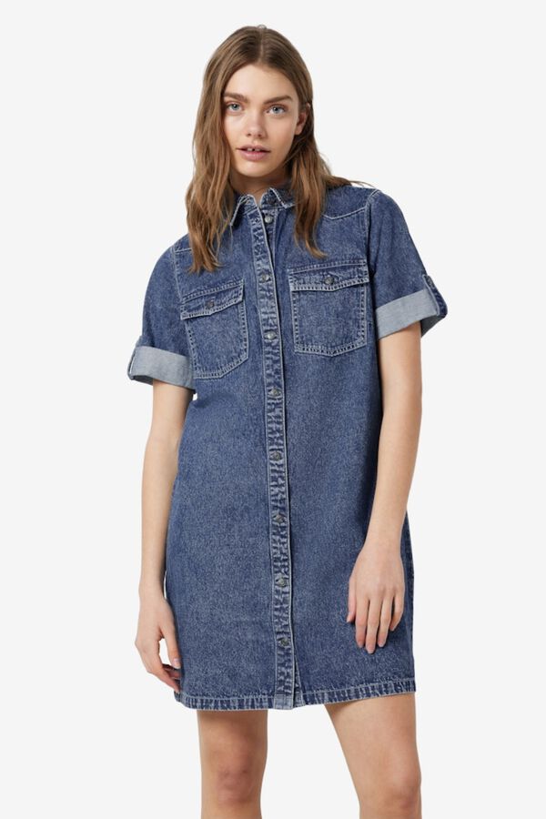 Noisy May Denim short sleeve collared front pocket dress blue