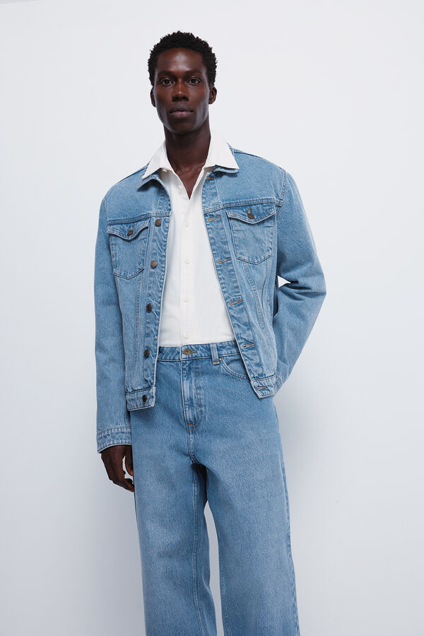 Springfield Calça jeans larga com lavagem média azul