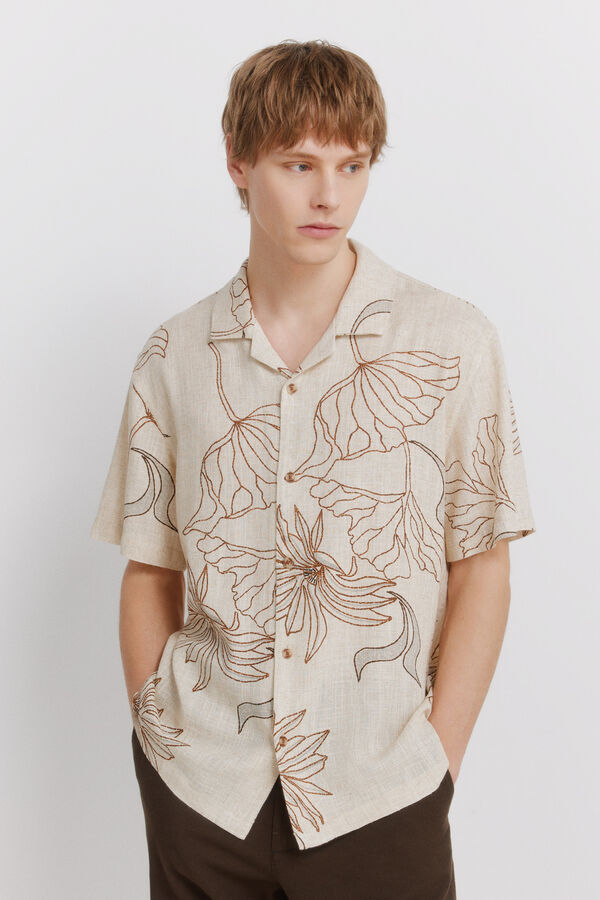 Springfield Camisa manga corta estampada lino viscosa beige