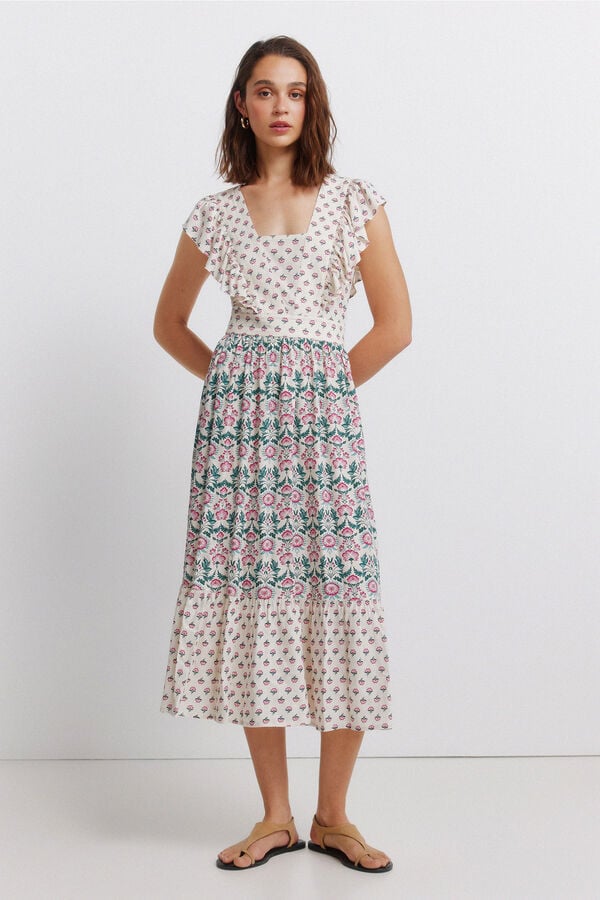 Springfield Vestido midi estampado com folhos branco