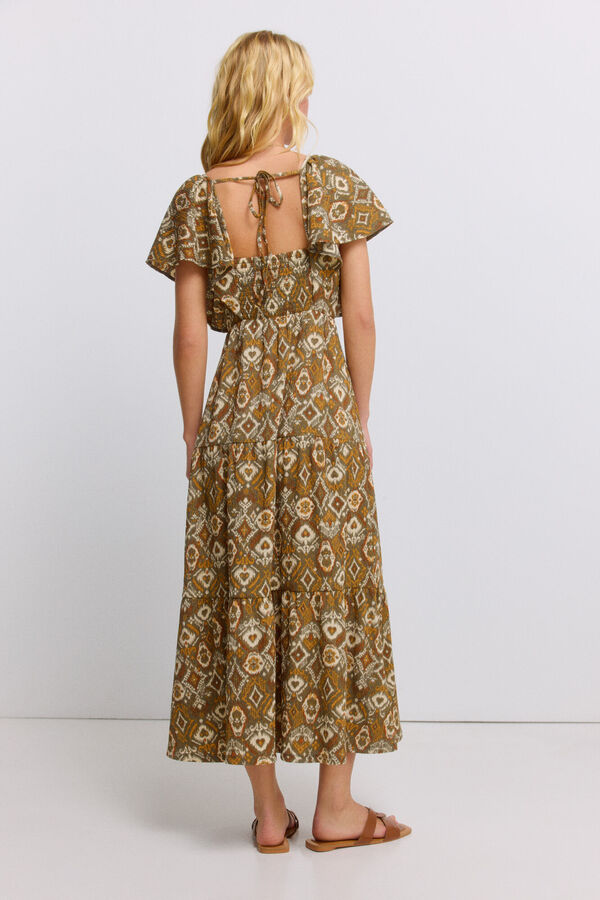 Springfield Printed ruffle midi dress beige
