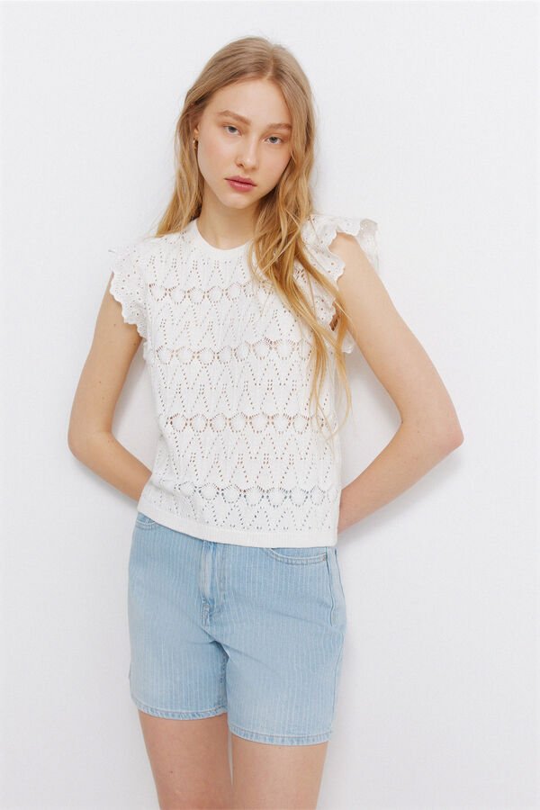 Springfield Pointelle ruffle top beige