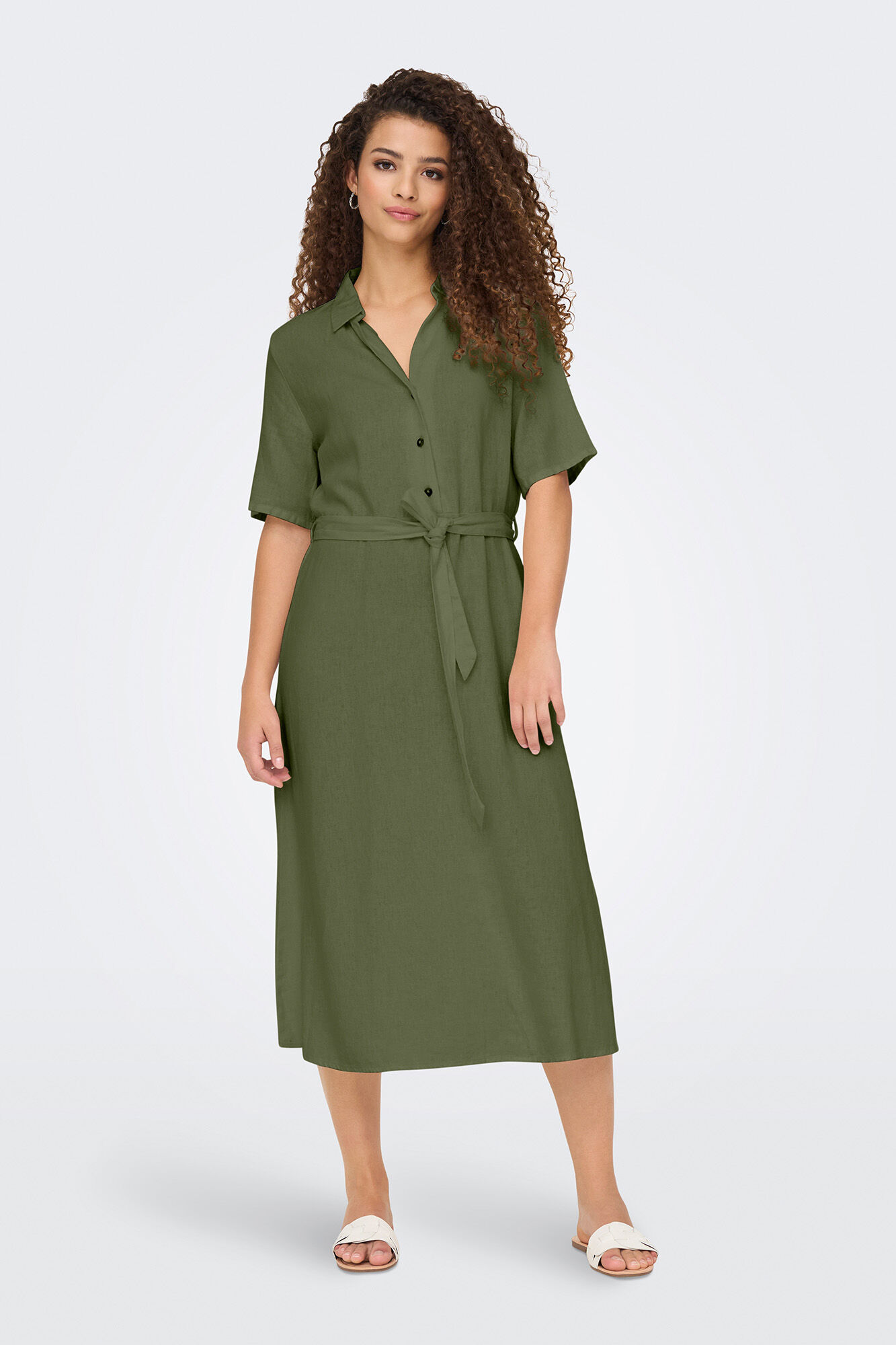 JDY Vestido midi camisero de lino con cintur&oacute;n