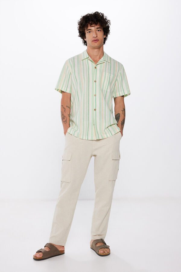 Springfield Striped linen short-sleeved shirt green