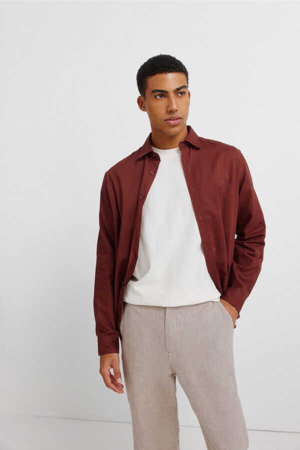 Springfield Structured linen comfort slim fit trousers nude