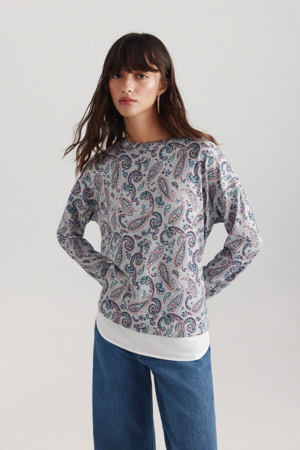 Springfield Printed two-material long sleeve T-shirt grey