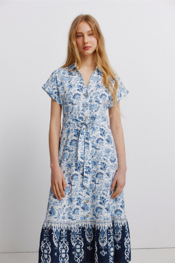 Springfield Printed linen shirt dress brown