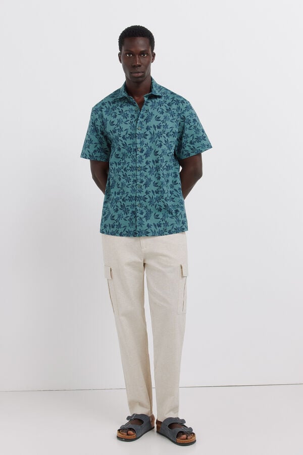 Springfield Printed linen short sleeve shirt blue