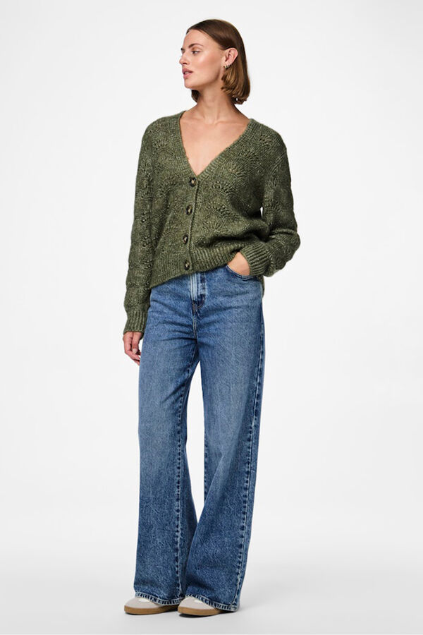 Pieces Openwork Buttoned Cardigan vert