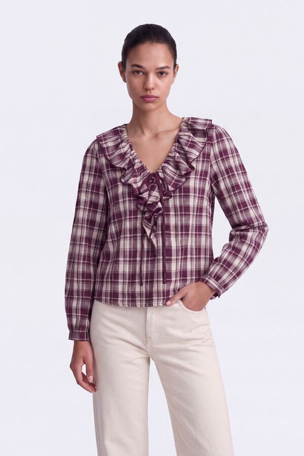 Only Plaid ruffle blouse brown