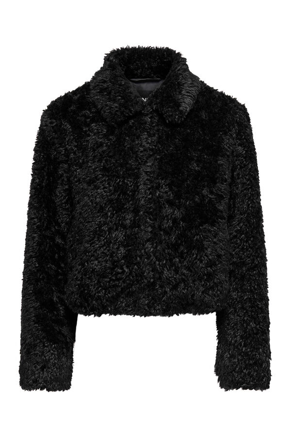 Only Sobretudo curto com efeito de pelo preto