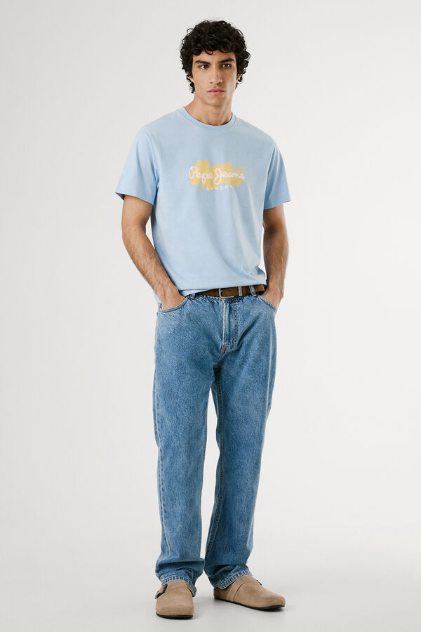 Pepe Jeans short sleeve shirt with logo and front print. blue