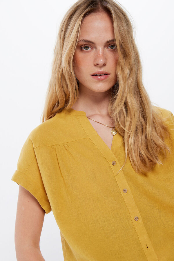 Springfield Linen/cotton mandarin collar short-sleeved blouse golden