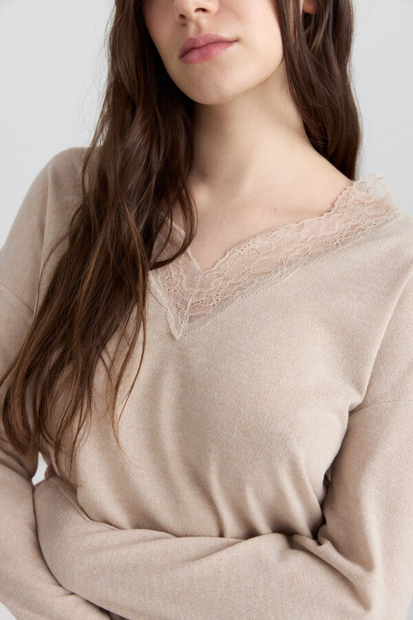 Springfield T-shirt col en dentelle beige