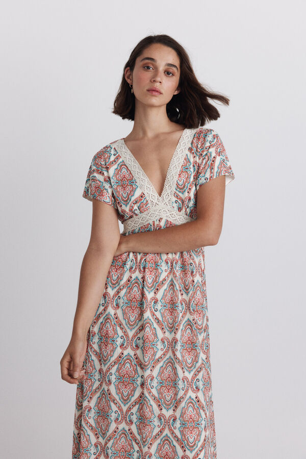 Springfield Border print short sleeve midi dress beige