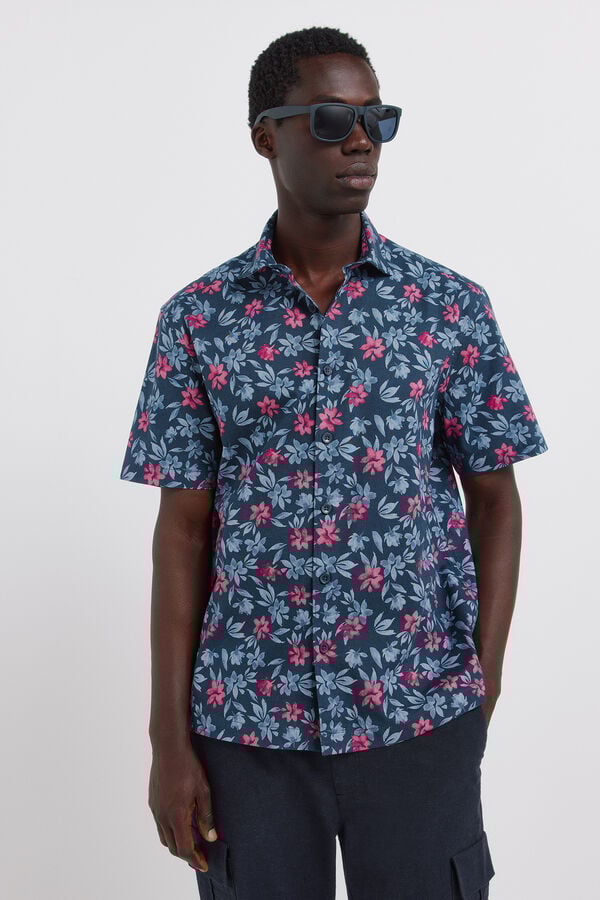 Springfield Printed linen short sleeve shirt blue