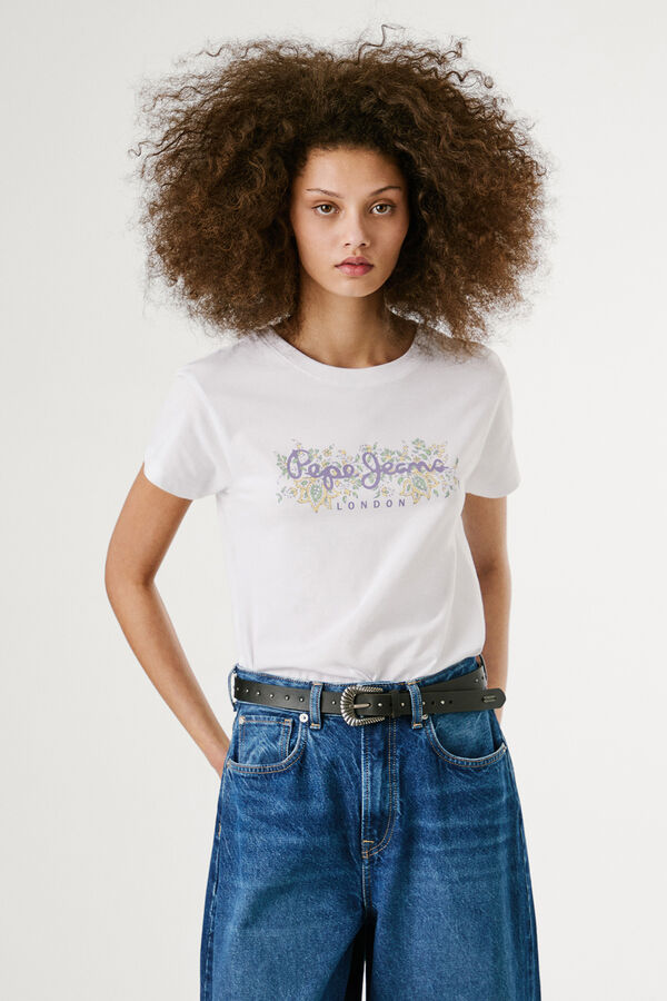 Pepe Jeans Camiseta manga corta con logo frontal con motivos florales blanco