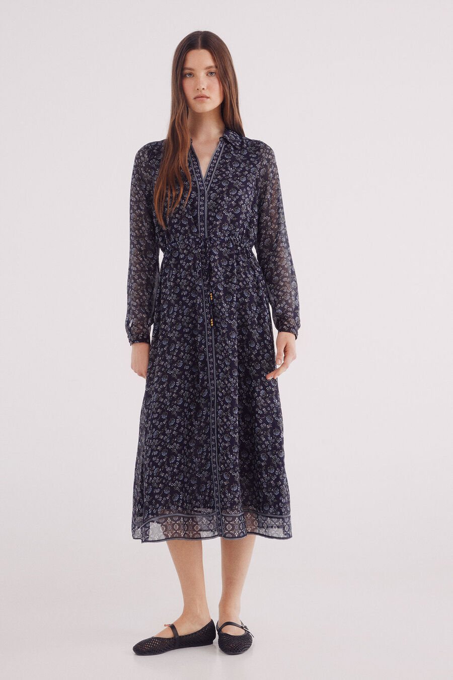 Vestido midi camisero estampado flores