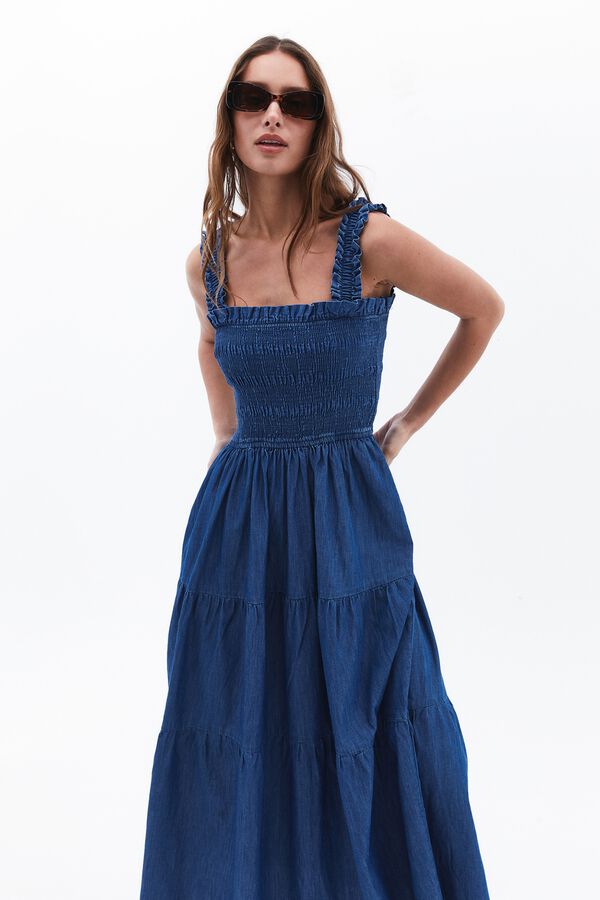 Oxxo Vestido denim con nido de abeja turquesa