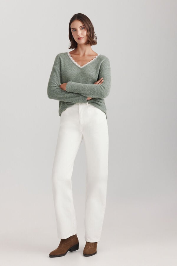 Springfield Pull fin col en V en dentelle vert