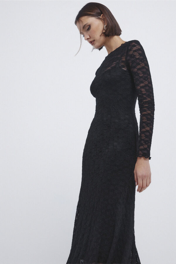 Springfield Asymmetrisches Midi-Kleid aus Spitze Schwarz