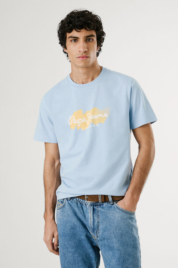 Pepe Jeans short sleeve shirt with logo and front print. blue