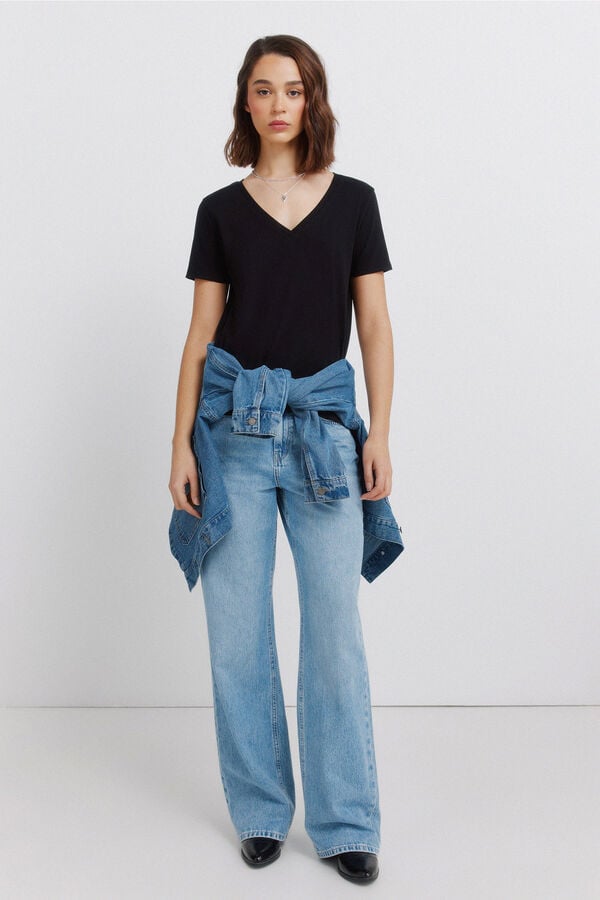 Springfield Cotton basic V-neck T-shirt black