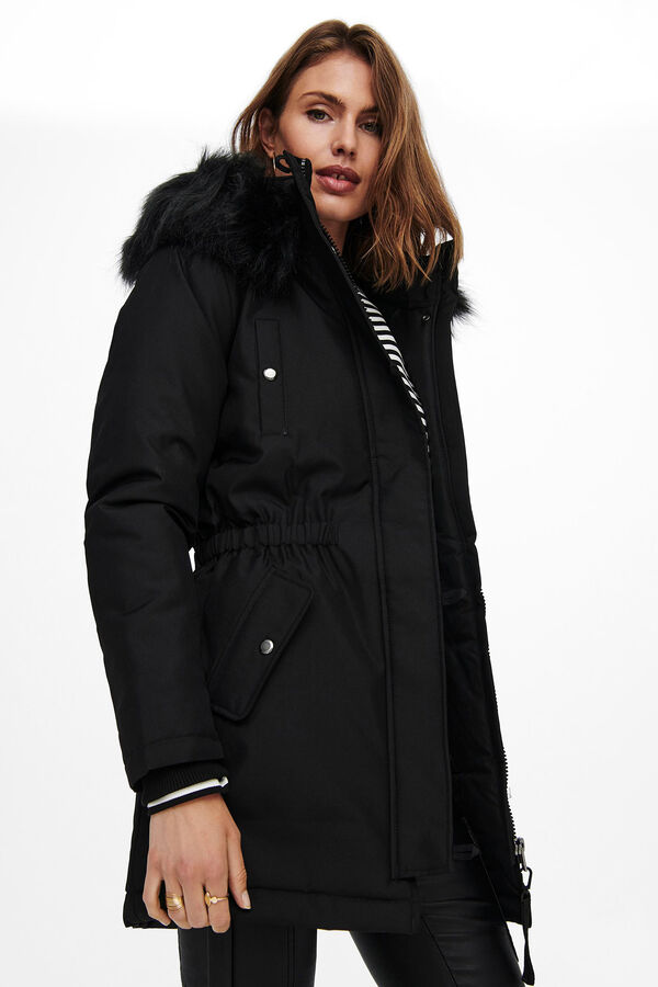 Springfield Short coat with faux fur hood. noir