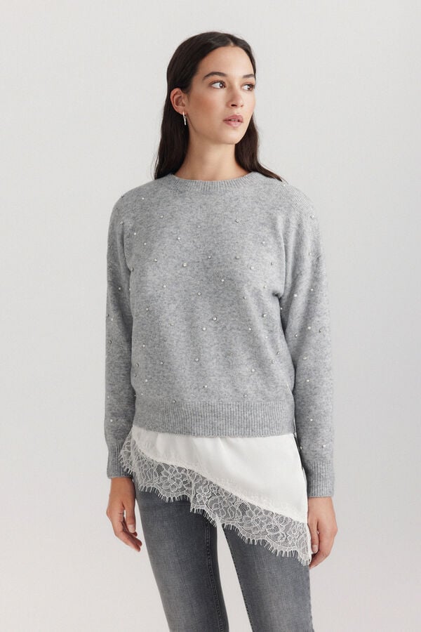 Springfield Pull &agrave; pierres brillantes et perl&eacute;es gris