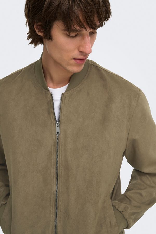 Only & Sons Faux suede bomber jacket nude